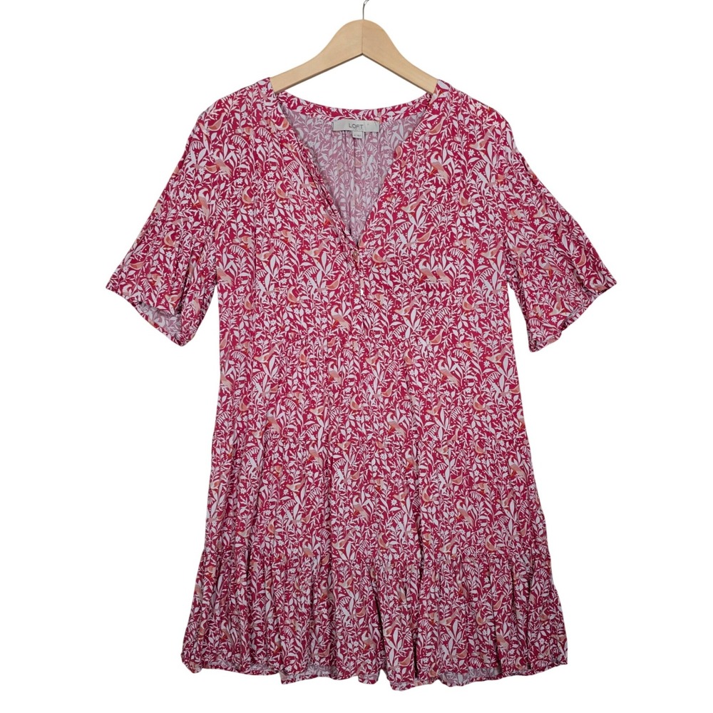 LOFT Women's Tiered Swing Dress Pink Bird Floral Print Flutter Sleeve Medium